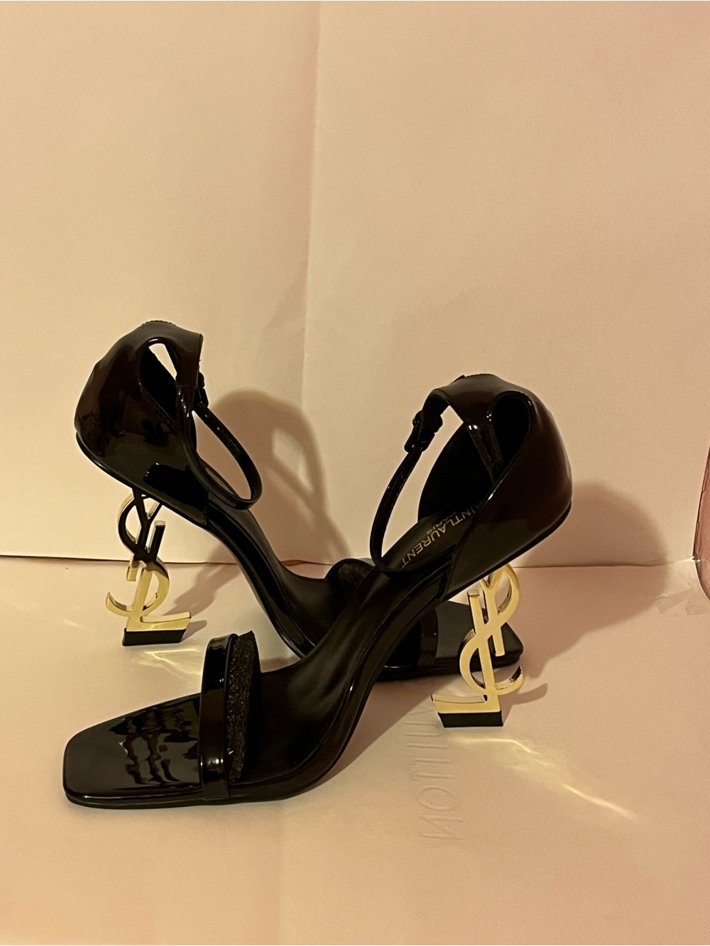 Yves Saint Laurent Black Patent Sandals with Gold YSL Sculpted Heels